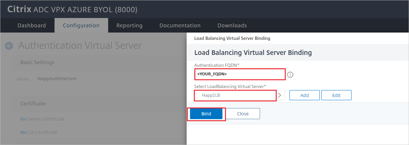Load Balancing Screenshot of Citrix ADC SAML Connector for Microsoft Entra configuration - Load Balancing Virtual Server Binding pane.
