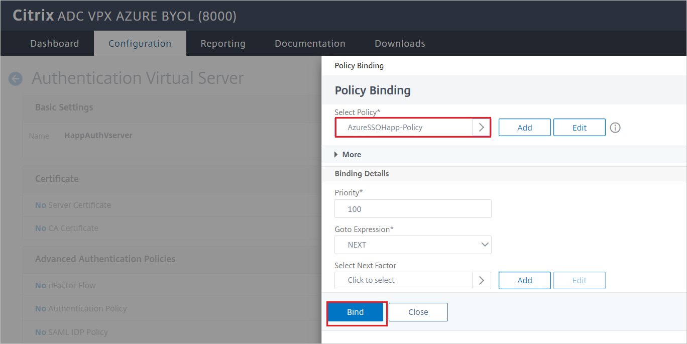 Policy Binding Screenshot of Citrix ADC SAML Connector for Microsoft Entra configuration - Policy Binding pane