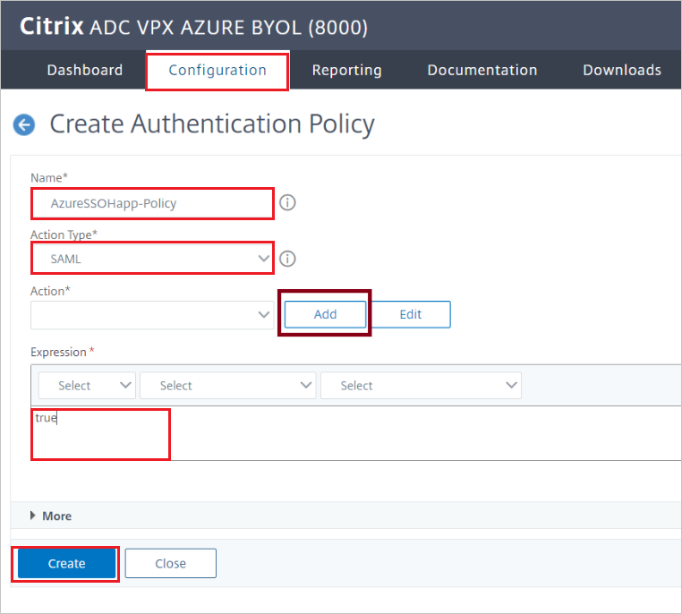 Policy pane Screenshot of Citrix ADC SAML Connector for Microsoft Entra configuration - Create Authentication Policy pane.
