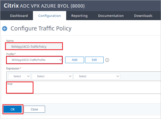 Traffic Policy Screenshot of Citrix ADC SAML Connector for Microsoft Entra configuration - Configure Traffic Policy pane