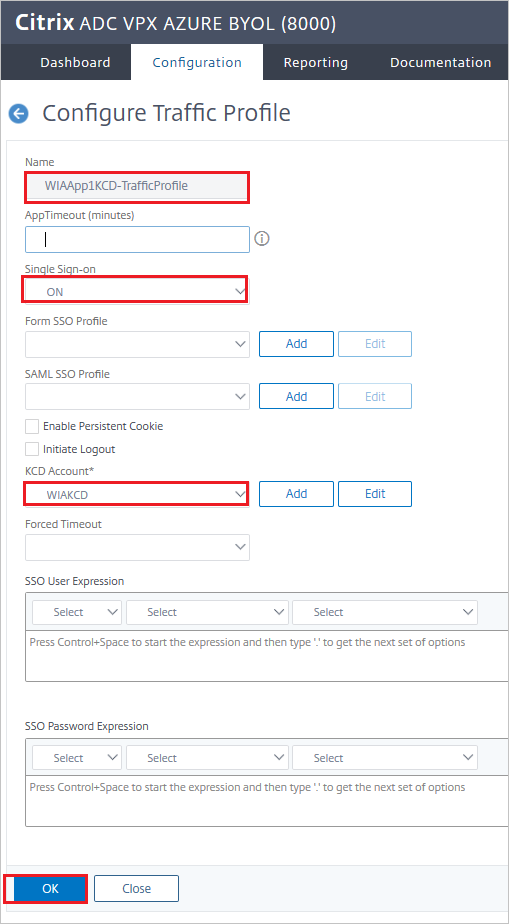 Traffic Profile Screenshot of Citrix ADC SAML Connector for Microsoft Entra configuration - Configure Traffic Profile pane.