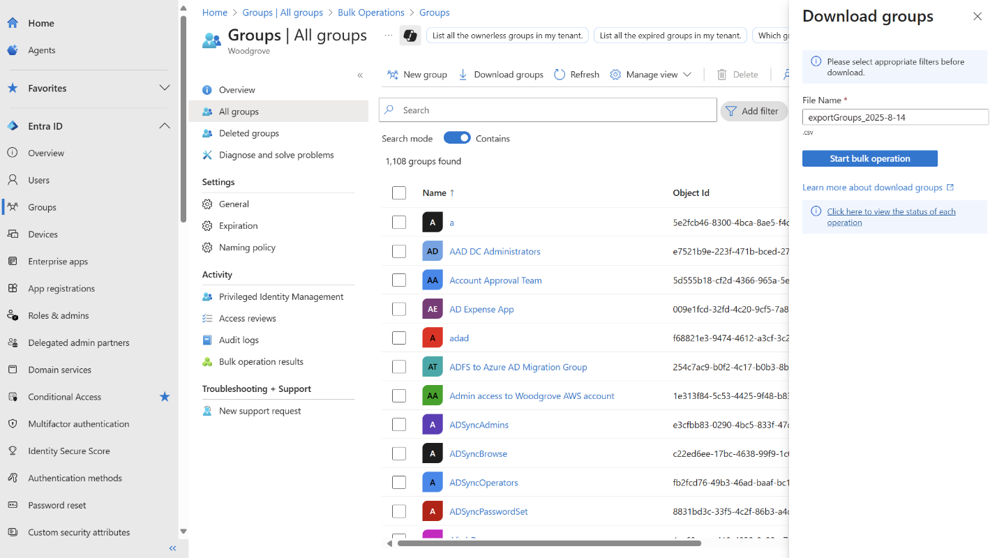 Screenshot of the Groups page with the Download groups button highlighted in the toolbar.