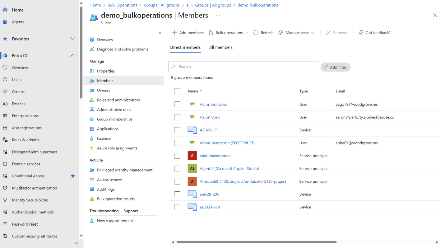 Screenshot of a selected group's Members tab listing users and service principals.