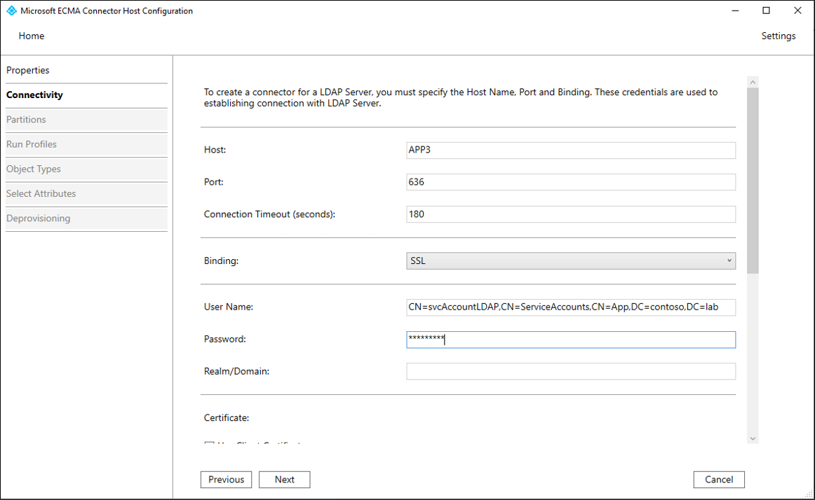 Screenshot that shows the Connectivity page.