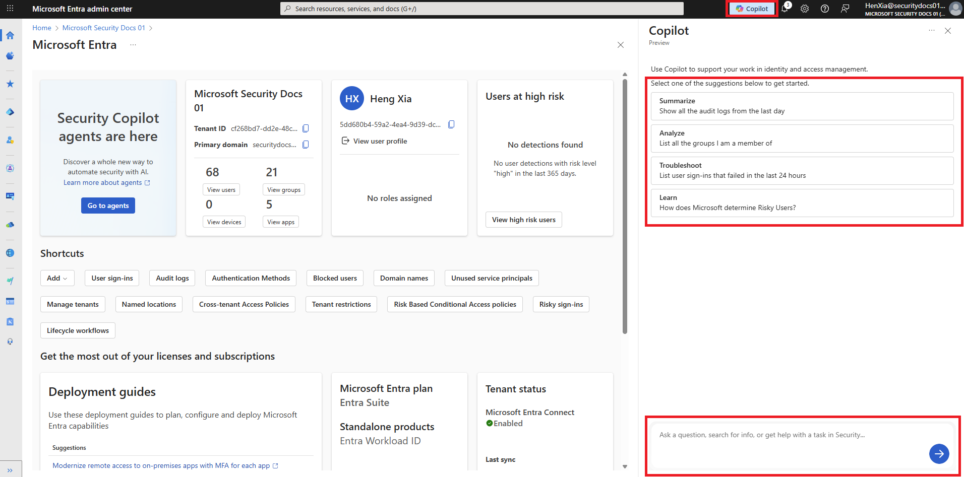 Screenshot that shows Security Copilot in the Microsoft Entra admin center.