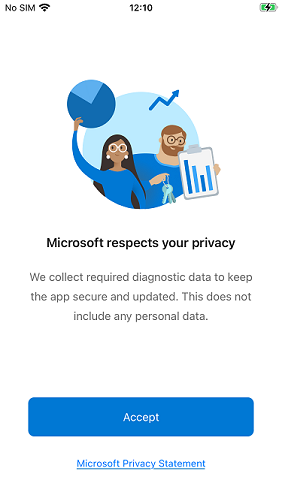 Screenshot of Microsoft Authenticator app welcome screen with Accept button to agree to terms and conditions.