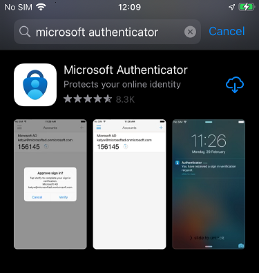 Screenshot of Apple App Store search results showing Microsoft Authenticator app with install button.
