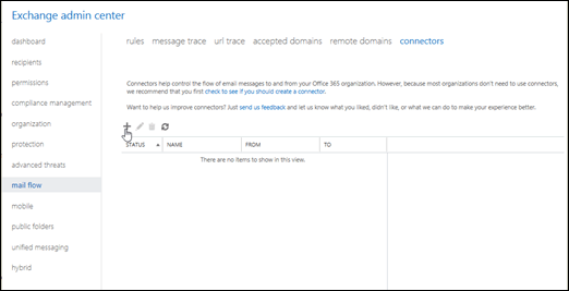 The Connectors page in the Exchange admin center.