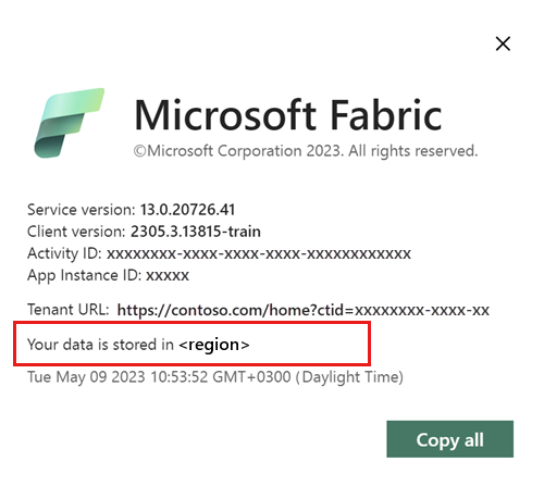 Screenshot showing the About Microsoft Fabric window with the data storage location highlighted.