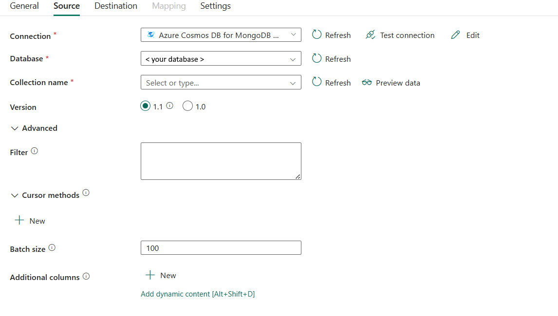 Screenshot showing source tab and the list of properties.