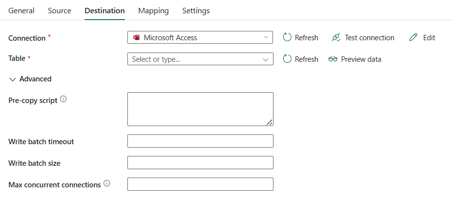 Screenshot showing destination tab.