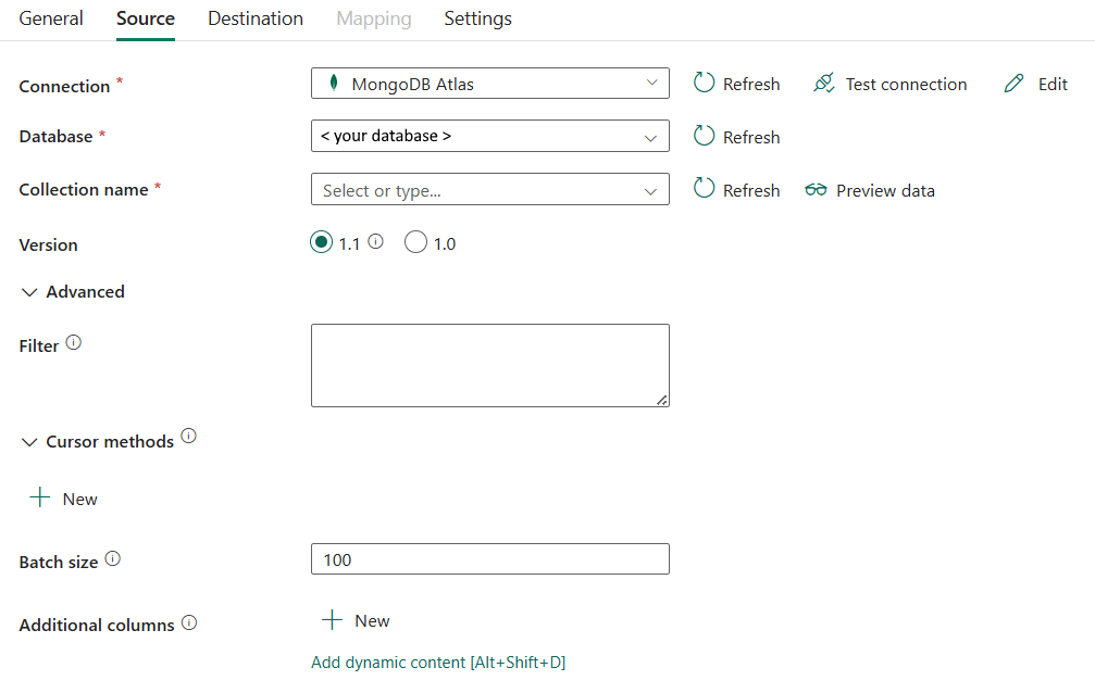 Screenshot showing source tab and the list of properties.