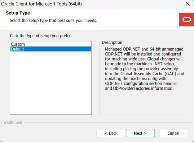 Screenshot showing the Oracle Client setup type page.