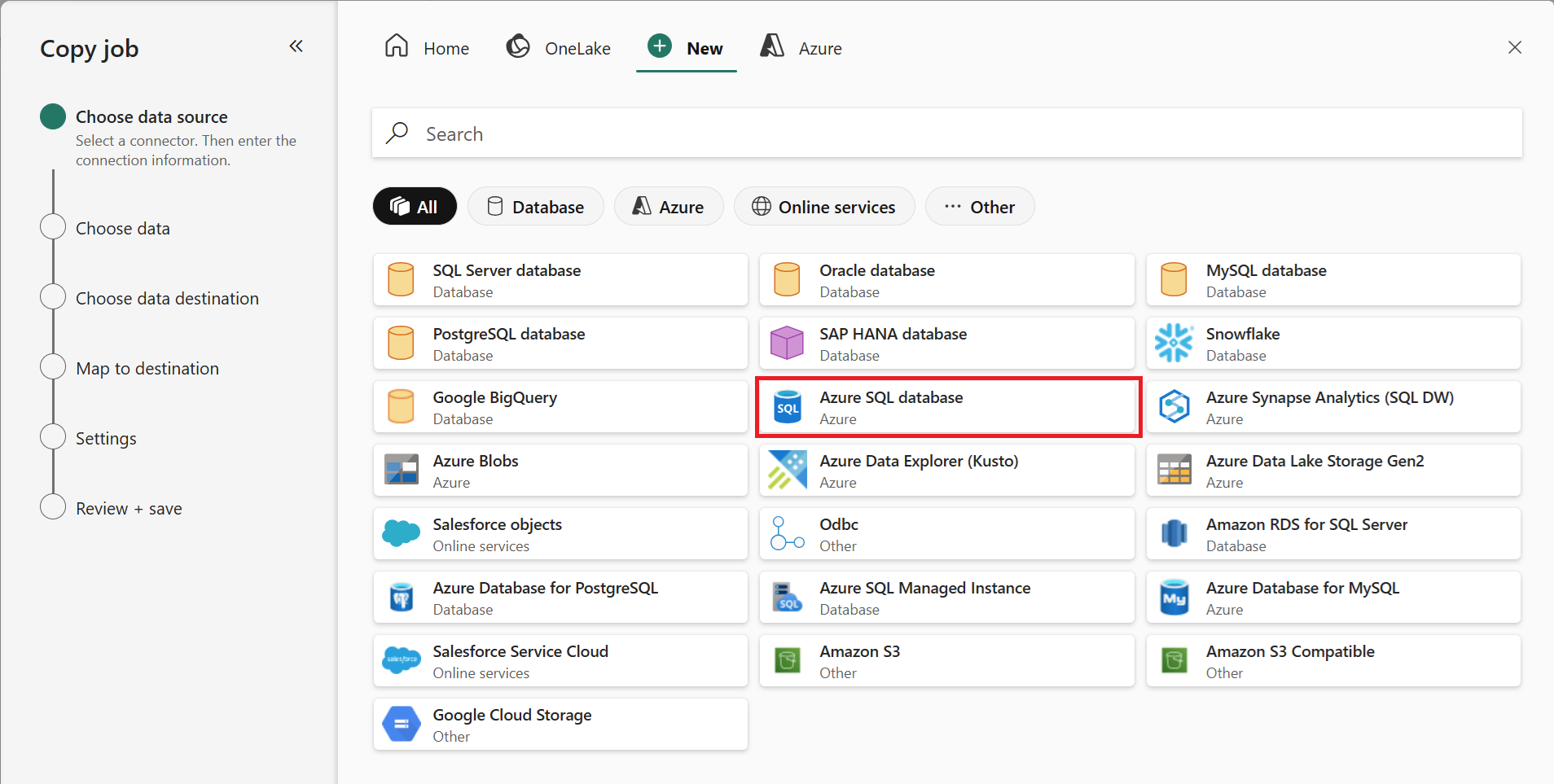 Screenshot showing where to choose a data source for the Copy job.