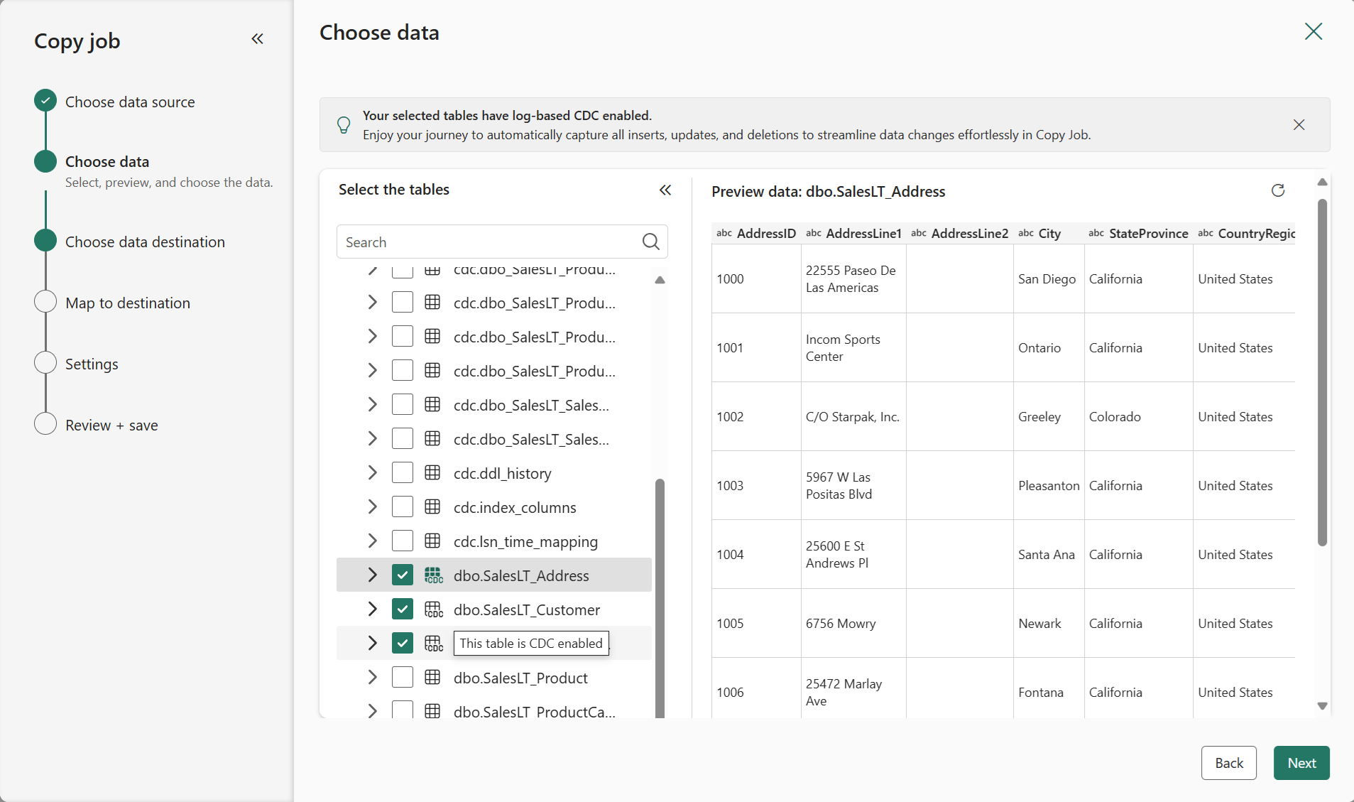 Screenshot showing where to select cdc tables for the Copy job.