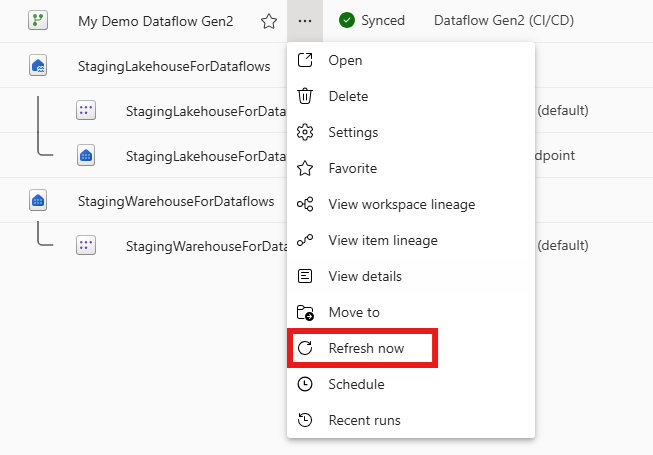 Screenshot of the more options drop-down menu with the Refresh now options emphasized.