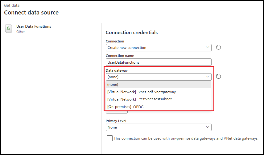 Screenshot showing the data gateway connection dialog for the User Data Function activity.