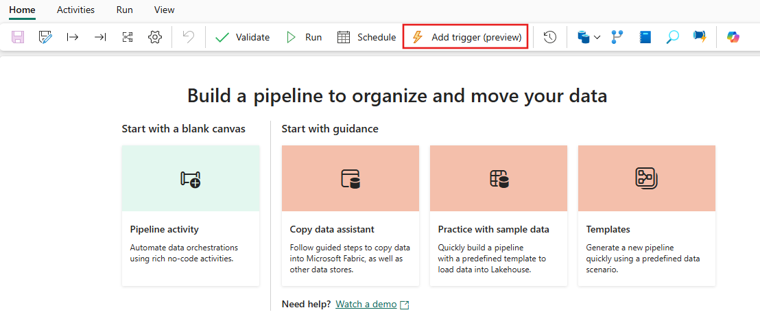 Screenshot of the Add trigger button in the Fabric pipeline editor.