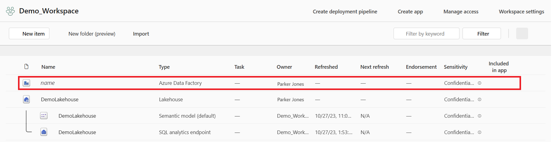 Screenshot with the Azure data factory in fabric workspace.