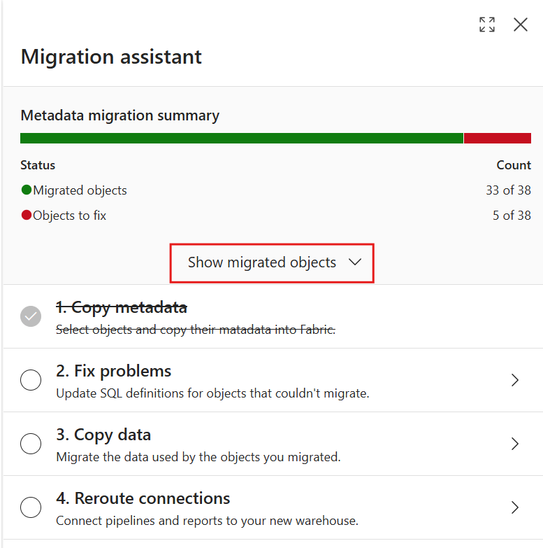 Screenshot from the Fabric portal of the Migration Assistant's metadata migration summary. The Show migrated objects option is highlighted.