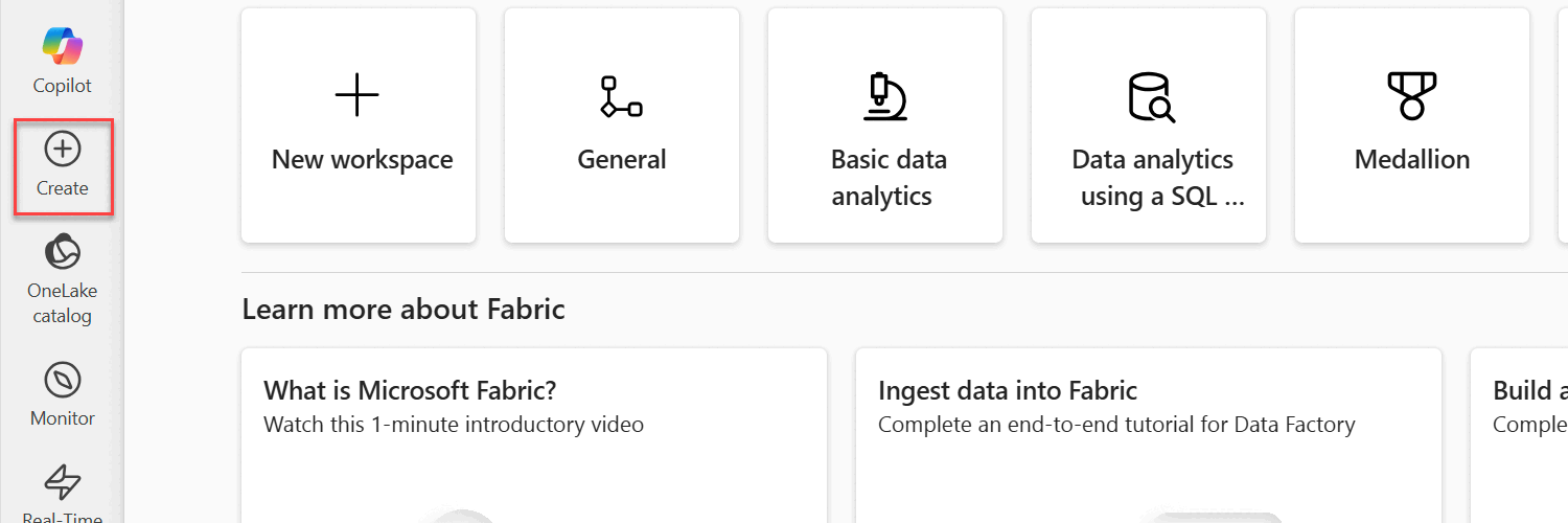 Screenshot of the option to 'Create' a new resource in the Fabric portal.