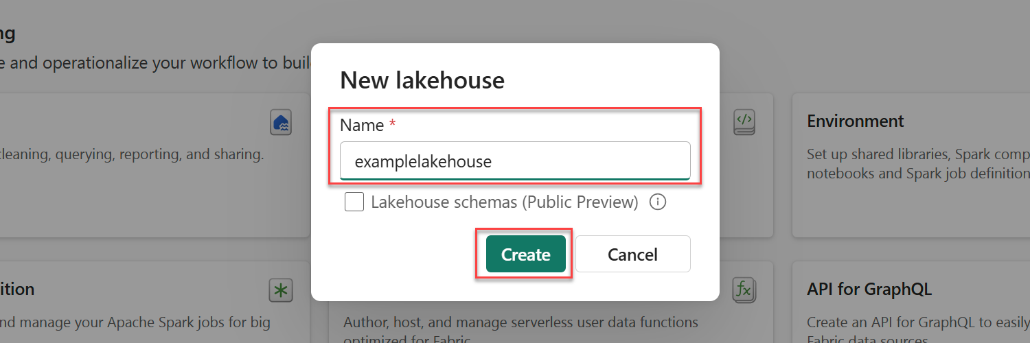 Screenshot of the dialog to name a new lakehouse in the Fabric portal.