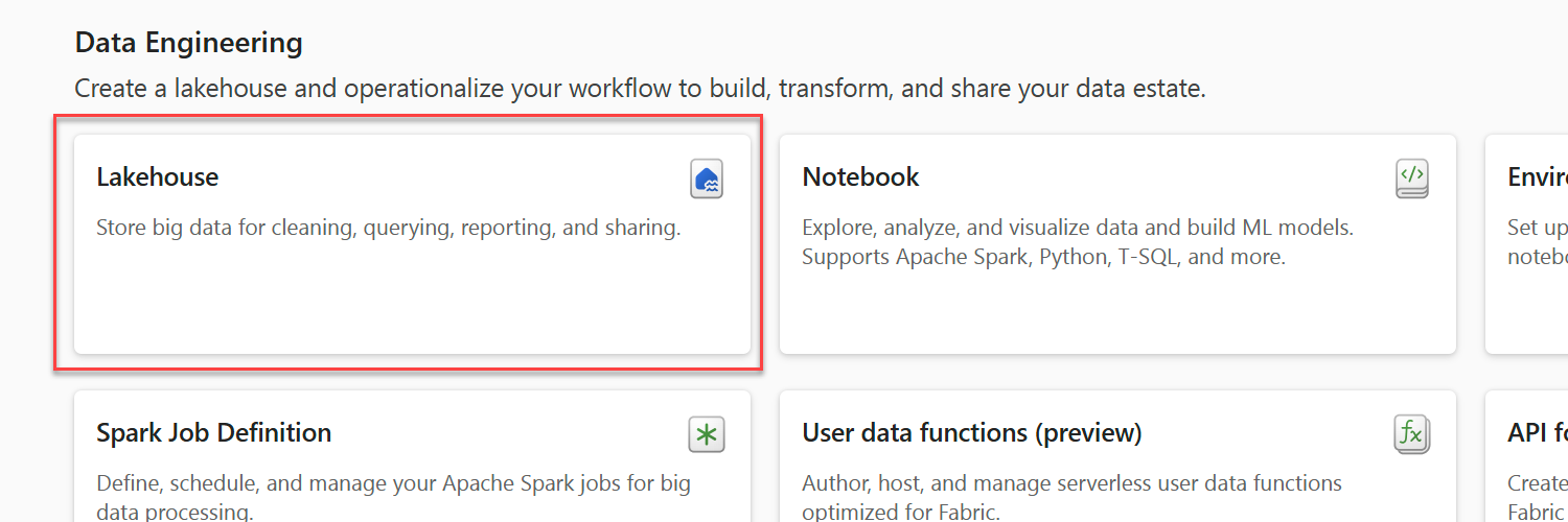 Screenshot of the option to specifically create a lakehouse in the Fabric portal.