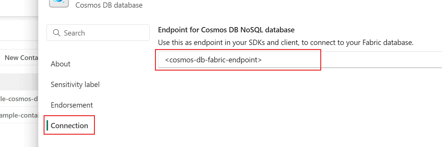 Screenshot of the 'Connection' section of the 'Settings' dialog for a database in the Fabric portal.