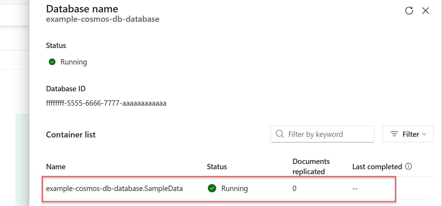 Screenshot of the status dialog for mirroring for a Cosmos DB in Fabric database.
