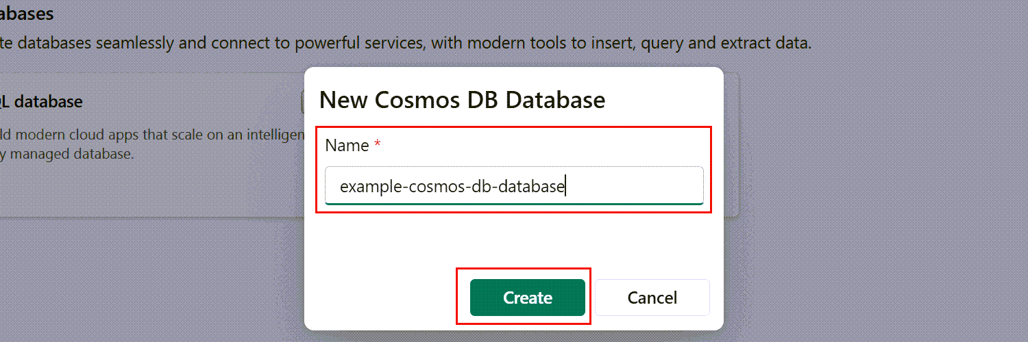Screenshot of the dialog to name a new Cosmos DB database in the Fabric portal.