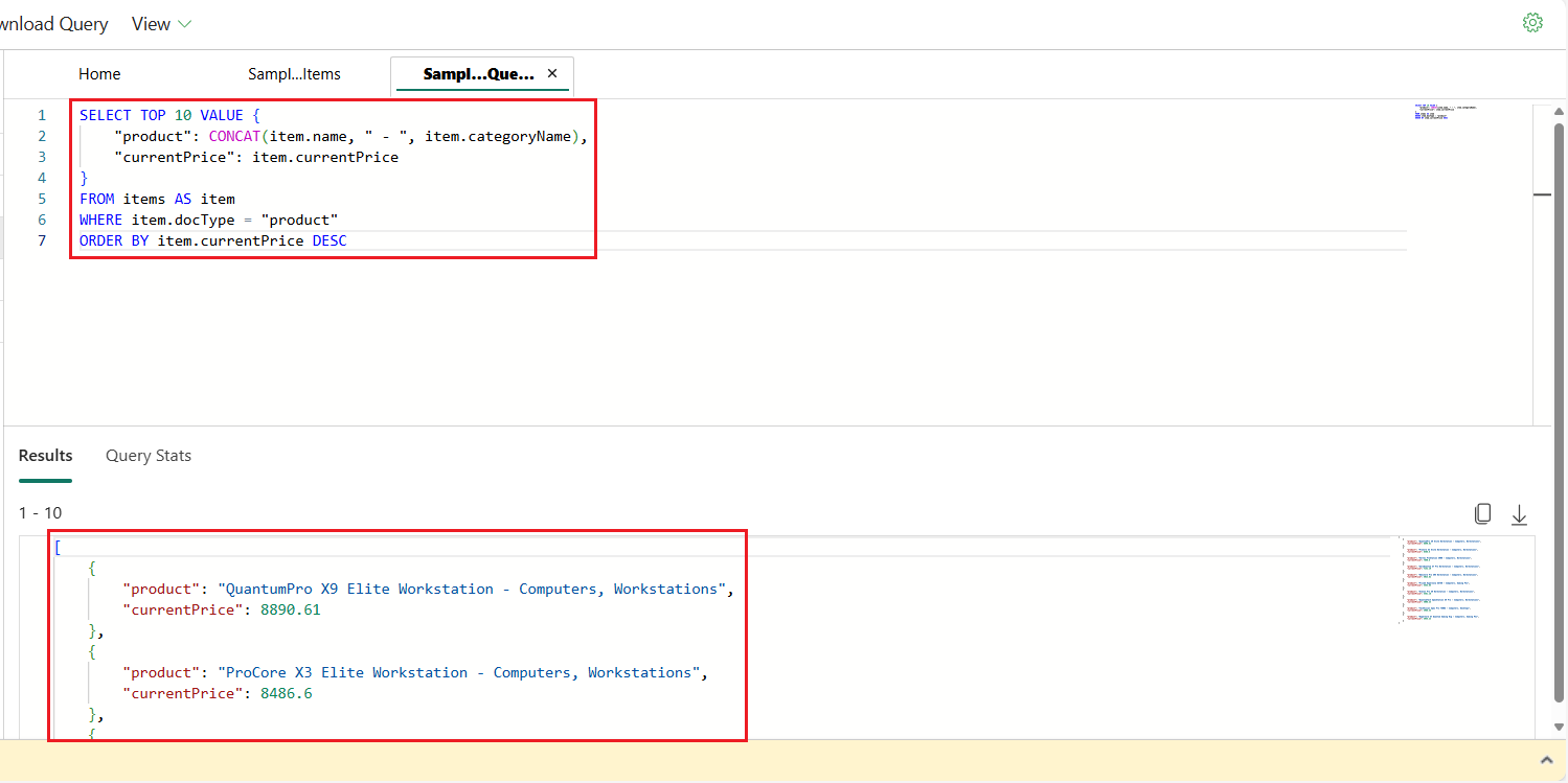 Screenshot of the query editor and result sections for a container in the Fabric portal.