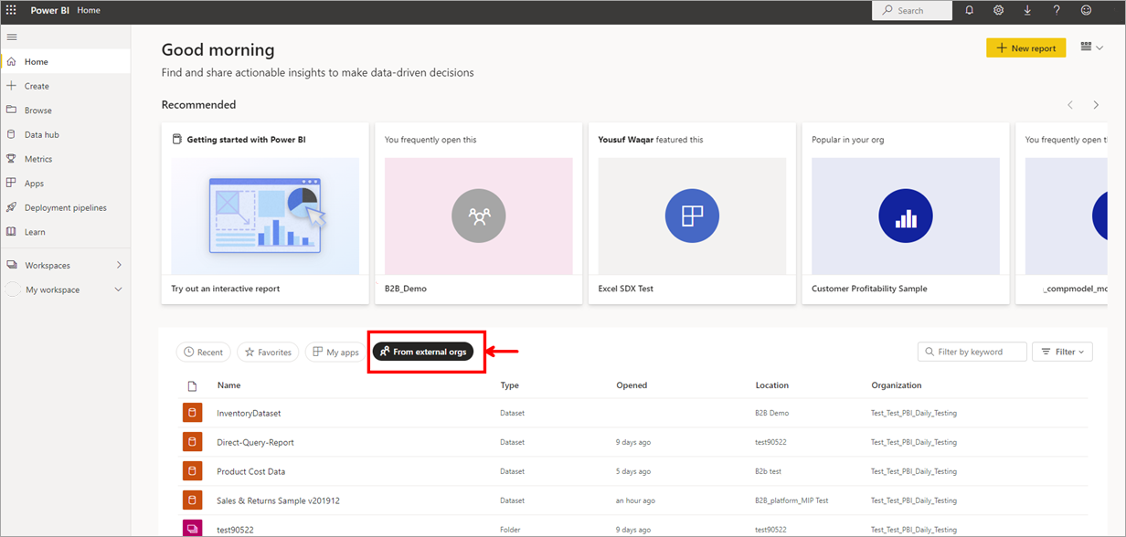 Screenshot of the Power BI home page with the From external orgs tab called out.