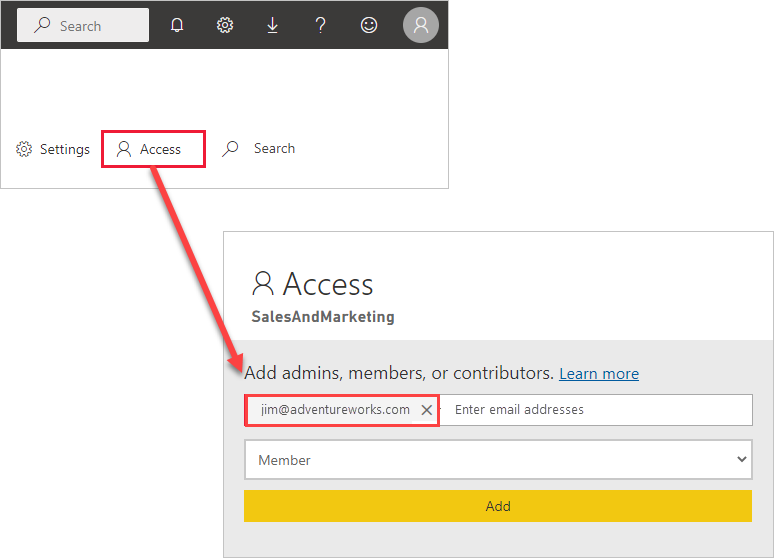 Screenshot of an external user added to the App access list in Power BI.