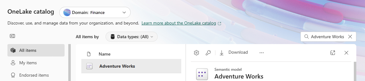 Screenshot of the OneLake catalog with a domain image.