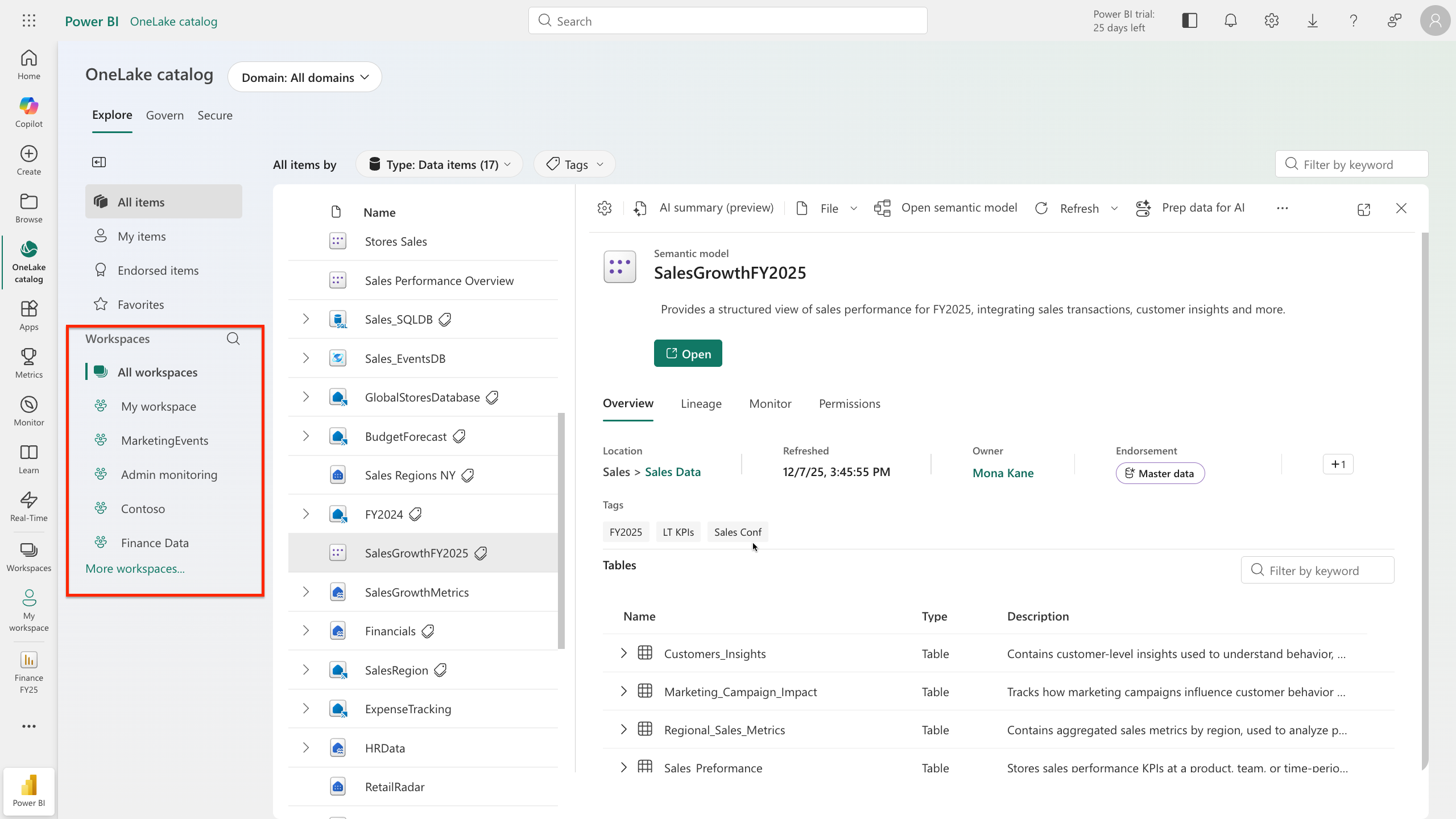 Screenshot of the explore tab's workspaces filter.