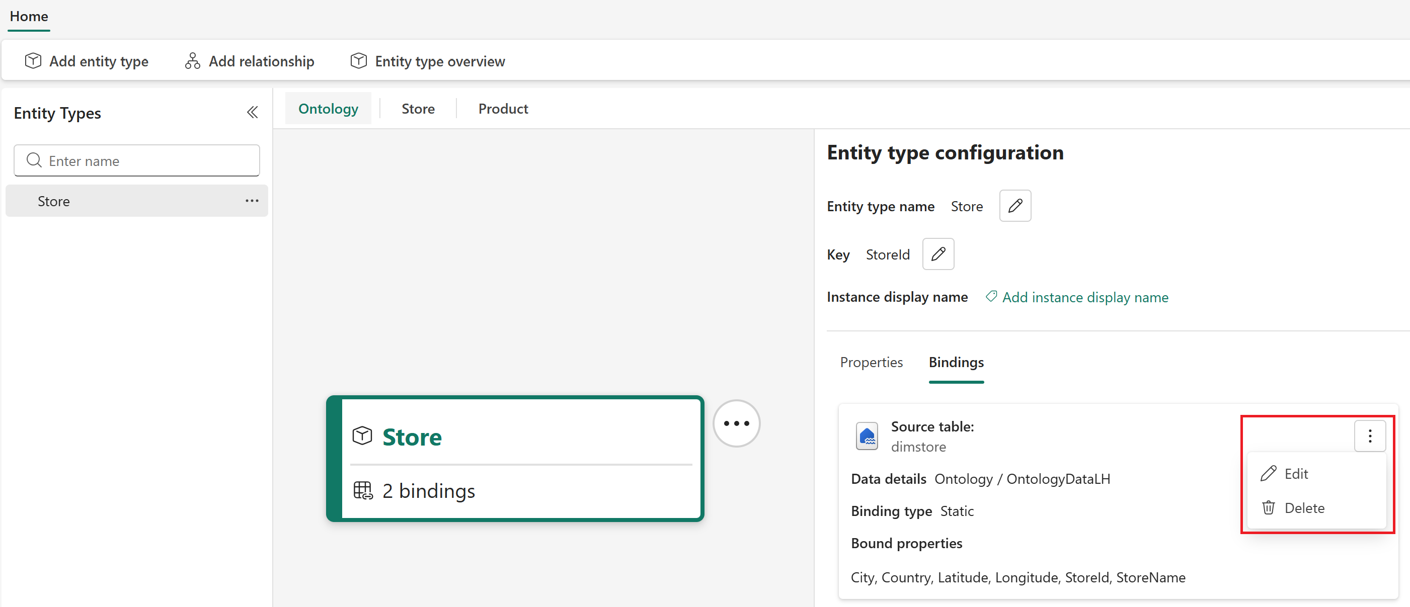 Screenshot of the edit and delete options in the data binding tab.
