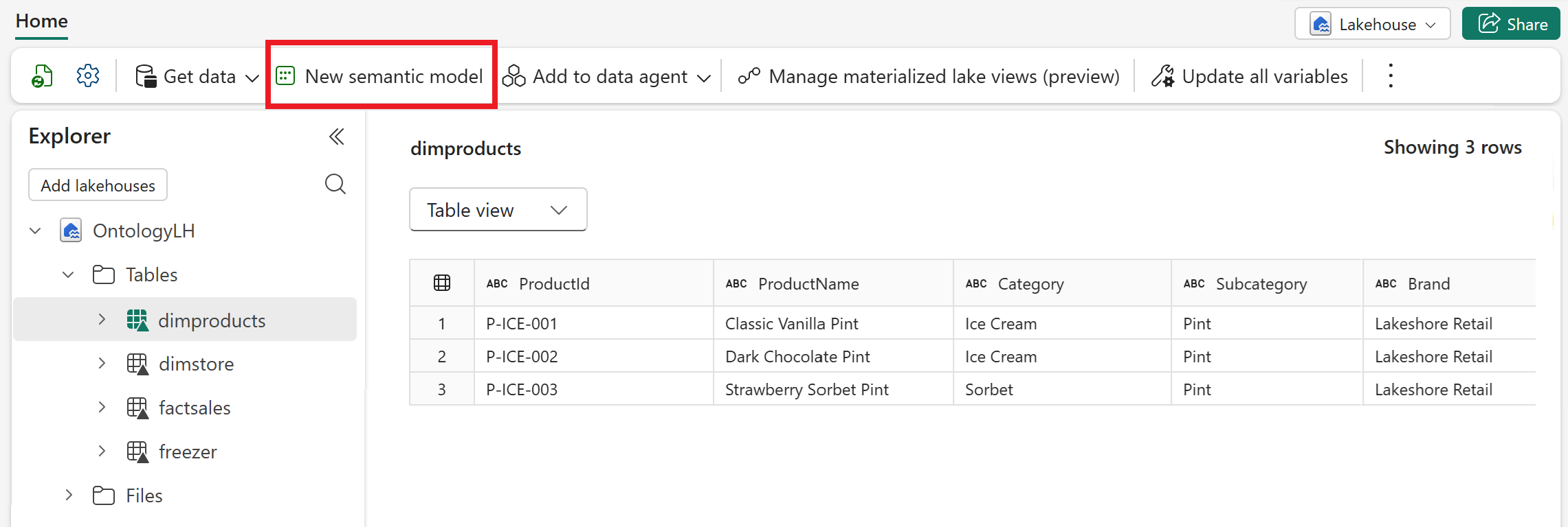Screenshot of creating a new semantic model.