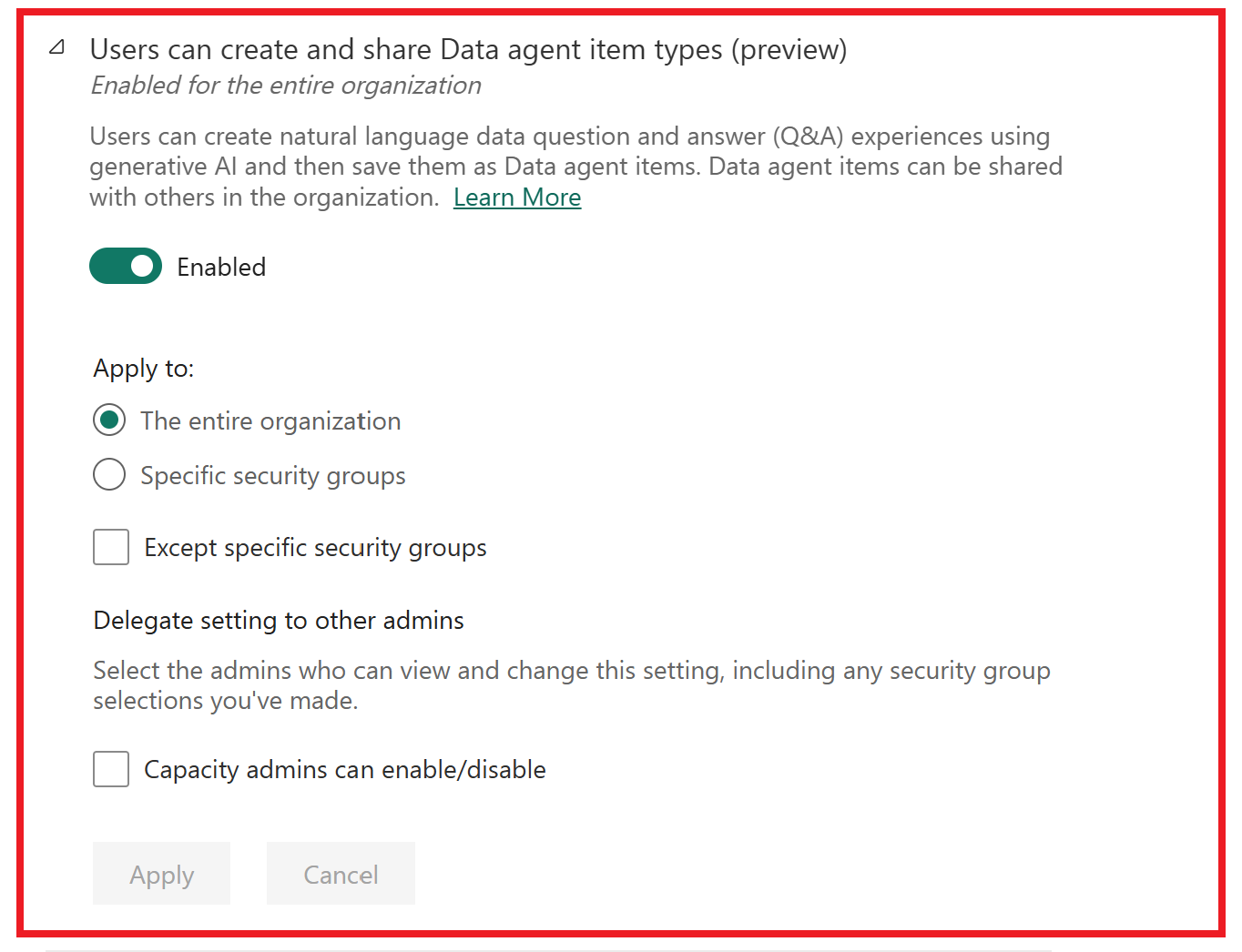 Screenshot of enabling data agents in the admin portal.