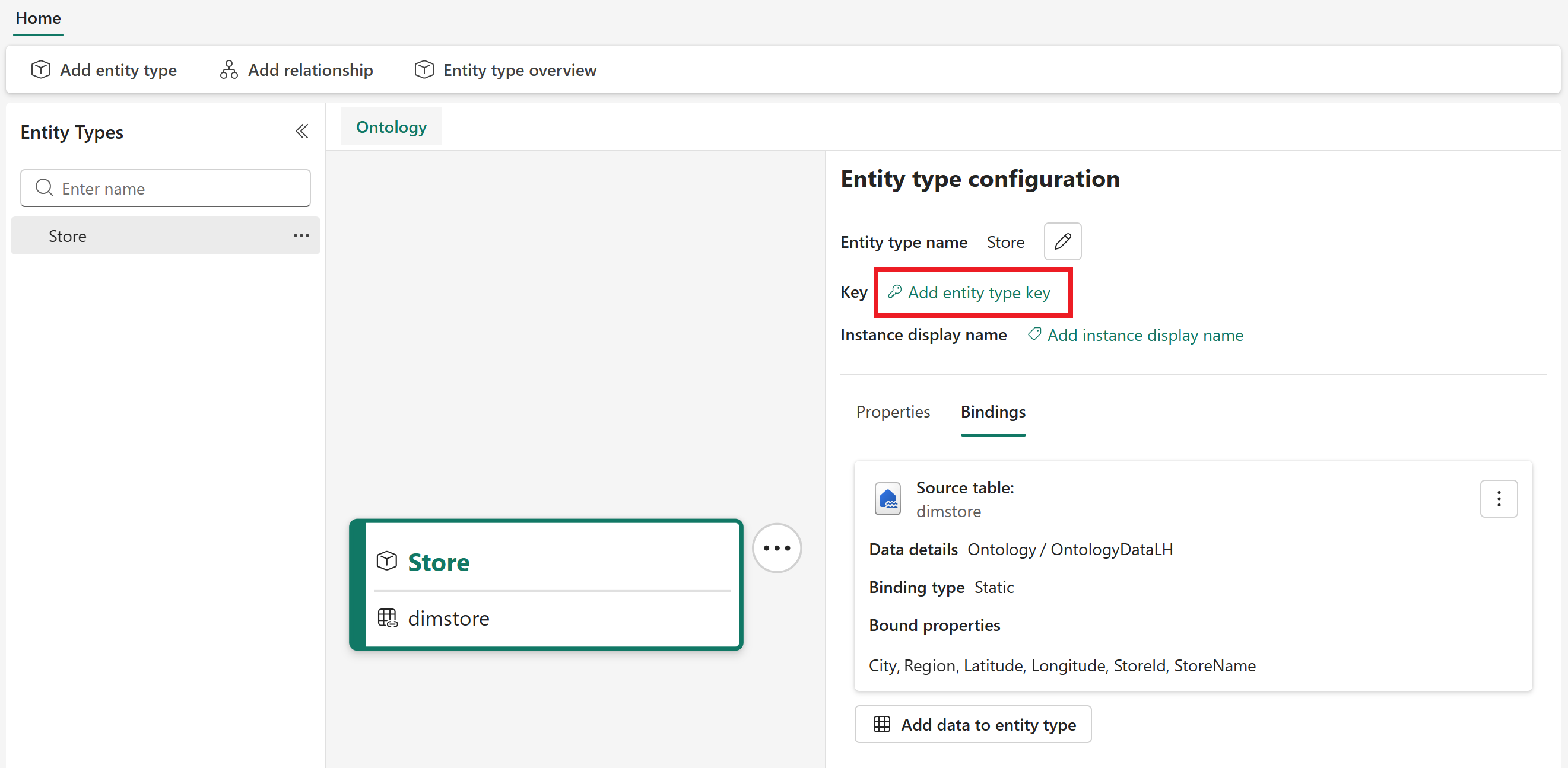 Screenshot of adding entity type key.