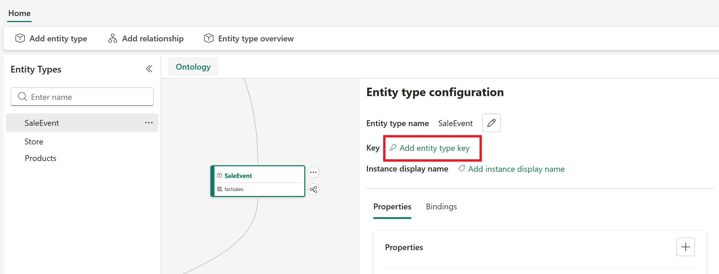Screenshot of adding entity type key.