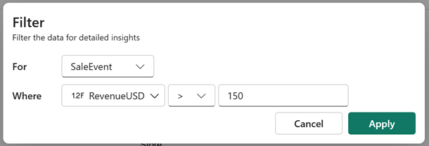 Screenshot of filtering by sale revenue.