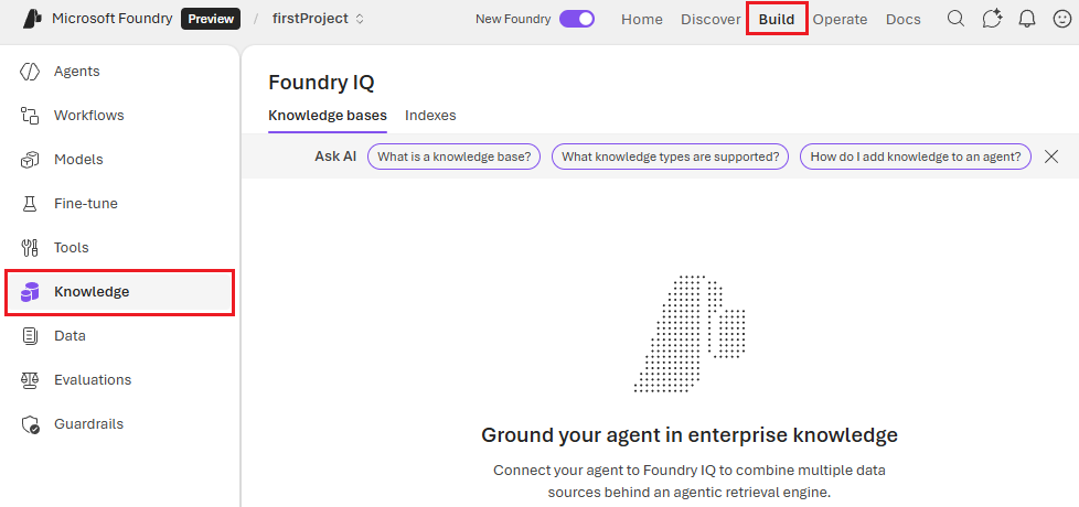 Screenshot that shows selecting the Knowledge tab from the Foundry Build menu.