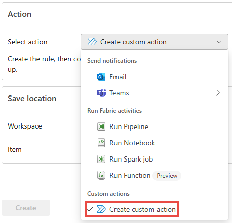 Screenshot of the Action section with custom action selected.