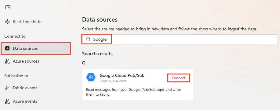 Screenshot that shows the Select a data source page with Google Cloud Pub/Sub selected.