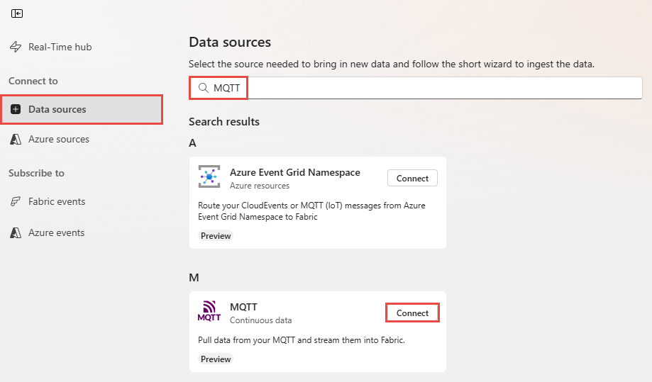 Screenshot that shows the Data sources page with Connect on the MQTT tile selected.