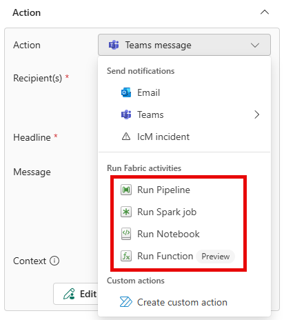 Screenshot showing the Action section of the Definition pane with pipeline action selected.