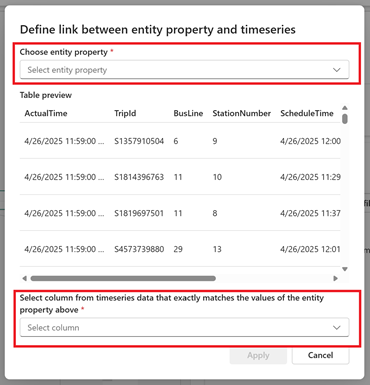 Screenshot of defining the link between entity type property and time series.