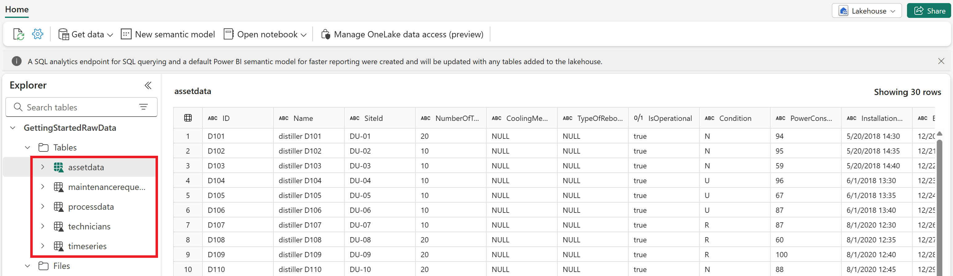 Screenshot of Microsoft Fabric, sample data tables.