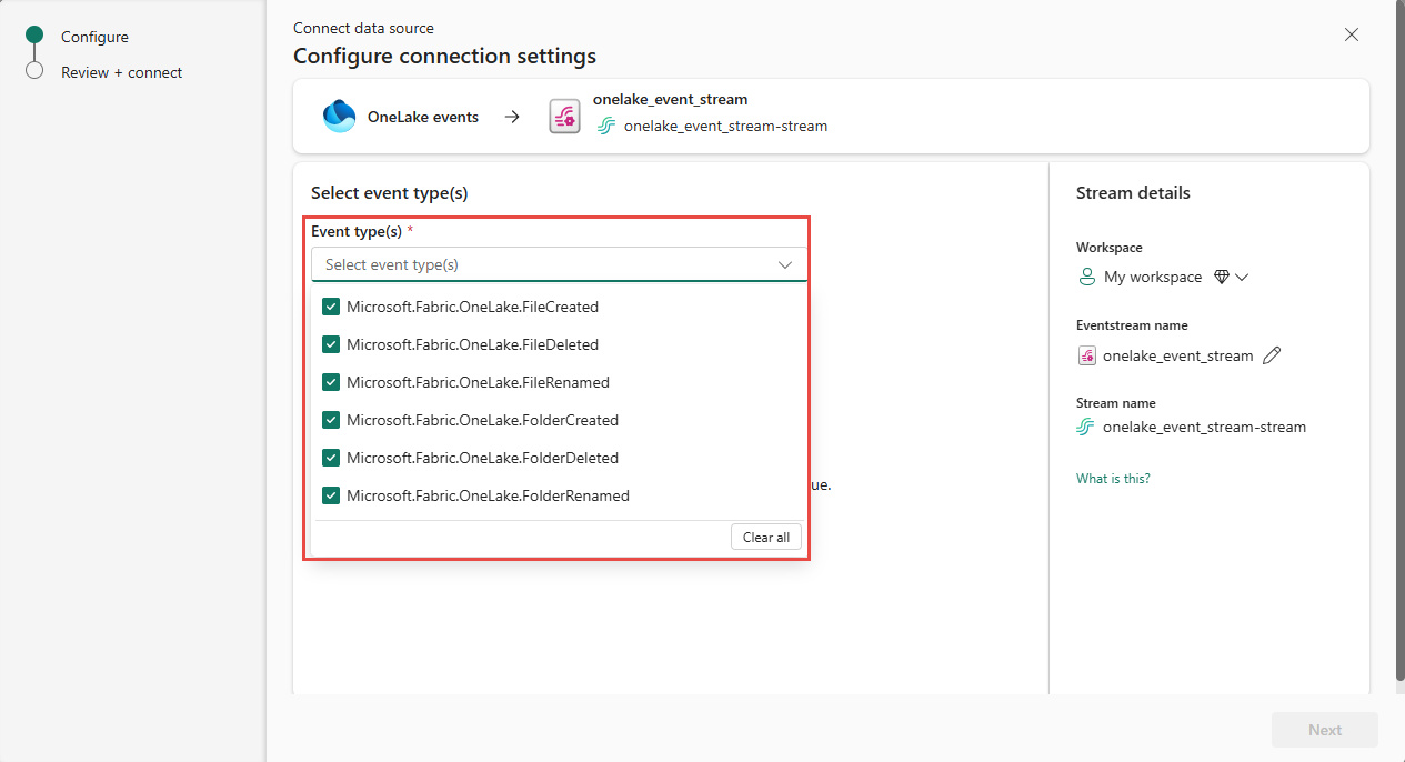 Screenshot that shows the selection of OneLake event types on the Connect page.