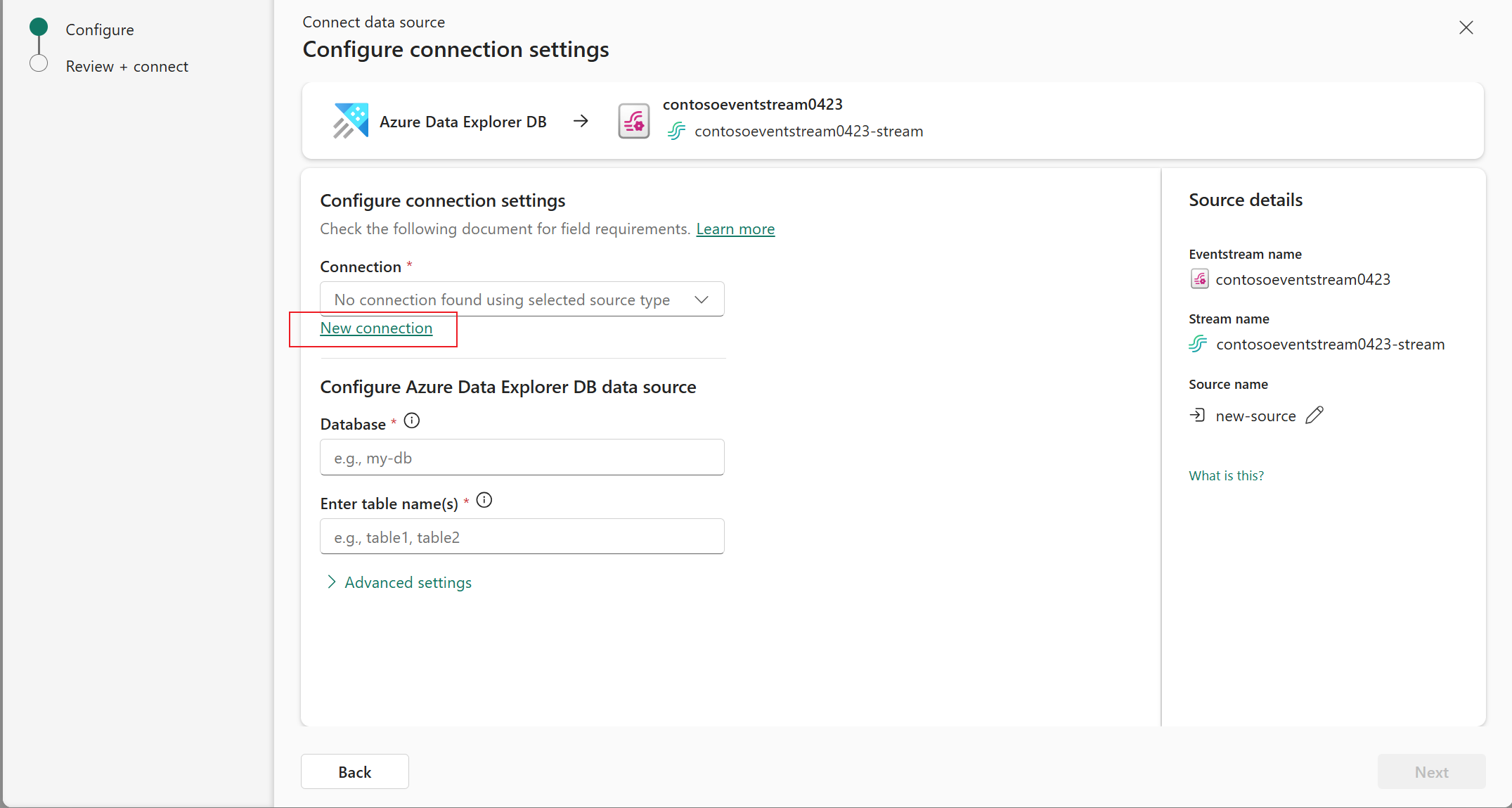 Screenshot that shows the page for configuration connection settings.